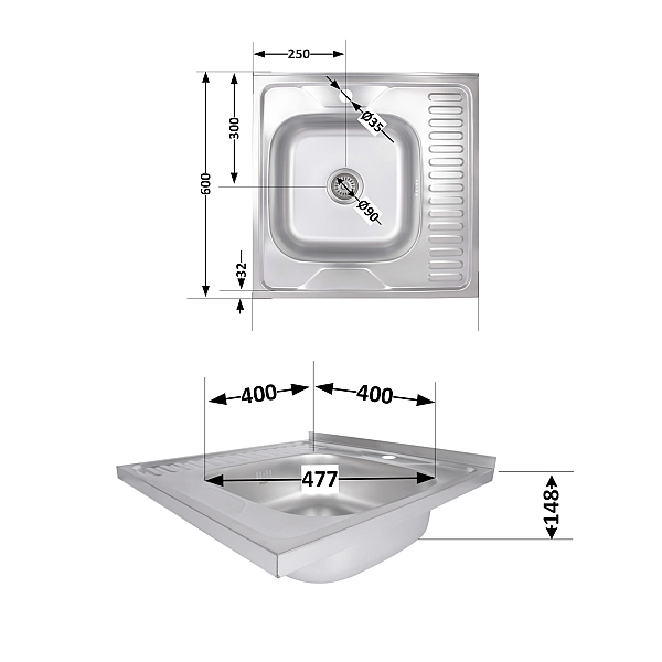 Кухонная мойка Brinex 6060-R 0,6 мм Satin (BRIN6060RSAT06) - Фото - 2