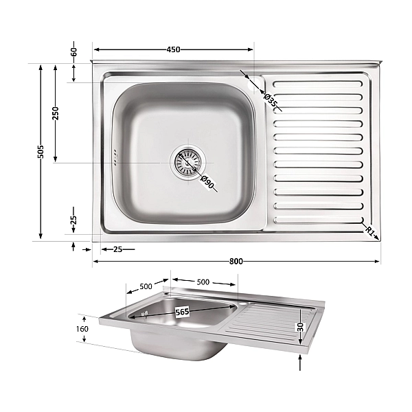 Кухонна мийка Brinex 5080-L 0,6 мм Satin (BRIN5080LSAT06) - Фото - 2