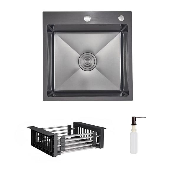 Комплект Lidz Handmade H5050HB Мойка для кухни интегрированная Decor Black PVD Honeycomb в комплекте с дозатором+Lidz LIDZK01B Корзина для мойки