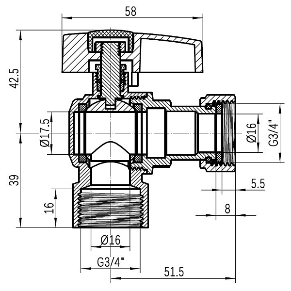 Кран кульовий Thermo Alliance Standart 3/4"ВВ кутовий, PN40, з накидною гайкою TAS223W20 - Фото - 2