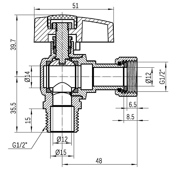 Кран кульовий Thermo Alliance Standart 1/2"ВЗ кутовий, PN40, з накидною гайкою TAS224W15 - Фото - 2