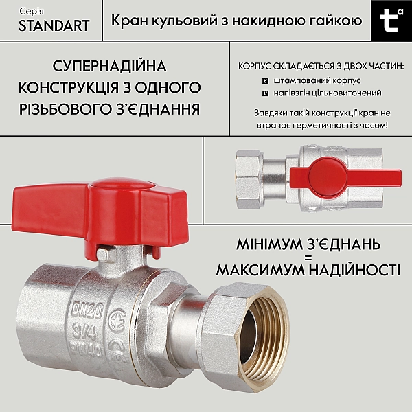 Кран шаровой Thermo Alliance Standart 3/4"ВВ прямой, PN40, с накидной гайкой TAS260W20 - Фото - 3
