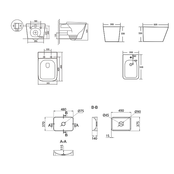 Комплект Qtap Tern Stone grey 3 в 1: підвісний унітаз Ultra Quiet + біде підвісне + раковина накладна QTTERSG49162 - Фото - 2