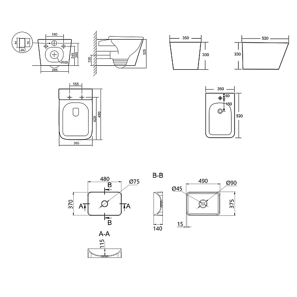 Комплект Qtap Tern Anthracite 3 в 1: унитаз подвесной Ultra Quiet + биде подвесное + раковина накладная QTTERAN49161 - Фото - 2