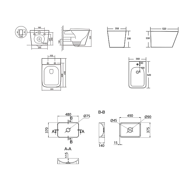 Комплект Qtap Tern Marble 3 в 1: унитаз подвесной Ultra Quiet + биде подвесное + раковина накладная QTTERMR49164 - Фото - 2