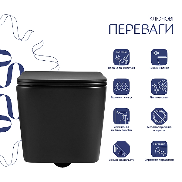 Унитаз подвесной Qtap Crow Ultra Quiet 485×340×290 мм, Matt Black, с сиденьем Slim Duroplast/ Soft-close/ Quick Release QT05335171MB - Фото - 3