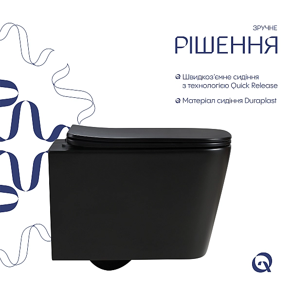 Унитаз подвесной Qtap Crow Ultra Quiet 485×340×290 мм, Matt Black, с сиденьем Slim Duroplast/ Soft-close/ Quick Release QT05335171MB - Фото - 4