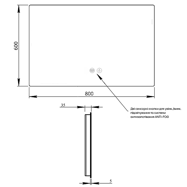 Дзеркало Qtap Taurus (TA2) 800×600 мм з LED-підсвічуванням Touch, з антизапотіванням, з димером, рег. темп. кольору (3000-6500K) QTTAU8006004895 - Фото - 2