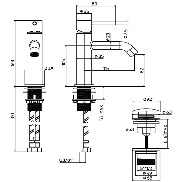 Z00701000073005 TEO-M (MEDIUM) Змішувач для раковини з донним клапаном, чорний матовий (1 сорт) - Фото - 2