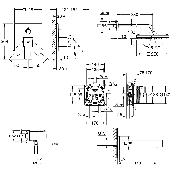 UA26417SC2 Eurocube Tempesta Cube 250 Набір для комплектації душу з виливом, 3 споживачі (1 сорт) - Фото - 2