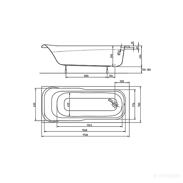 XWP357000N Ванна акрилова прямокутна SENSA 170x70 см, біла, без ніжок (1 сорт)