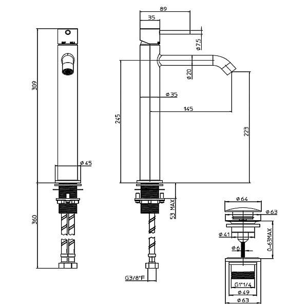Z00703000073005 TEO-T (TALL) Змішувач для раковини з донним клапаном, чорний матовий (1 сорт) - Фото - 2