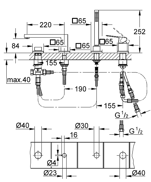 Змішувач на борт ванни на 4 отвори Grohe Eurocube (19897001) - Фото - 2