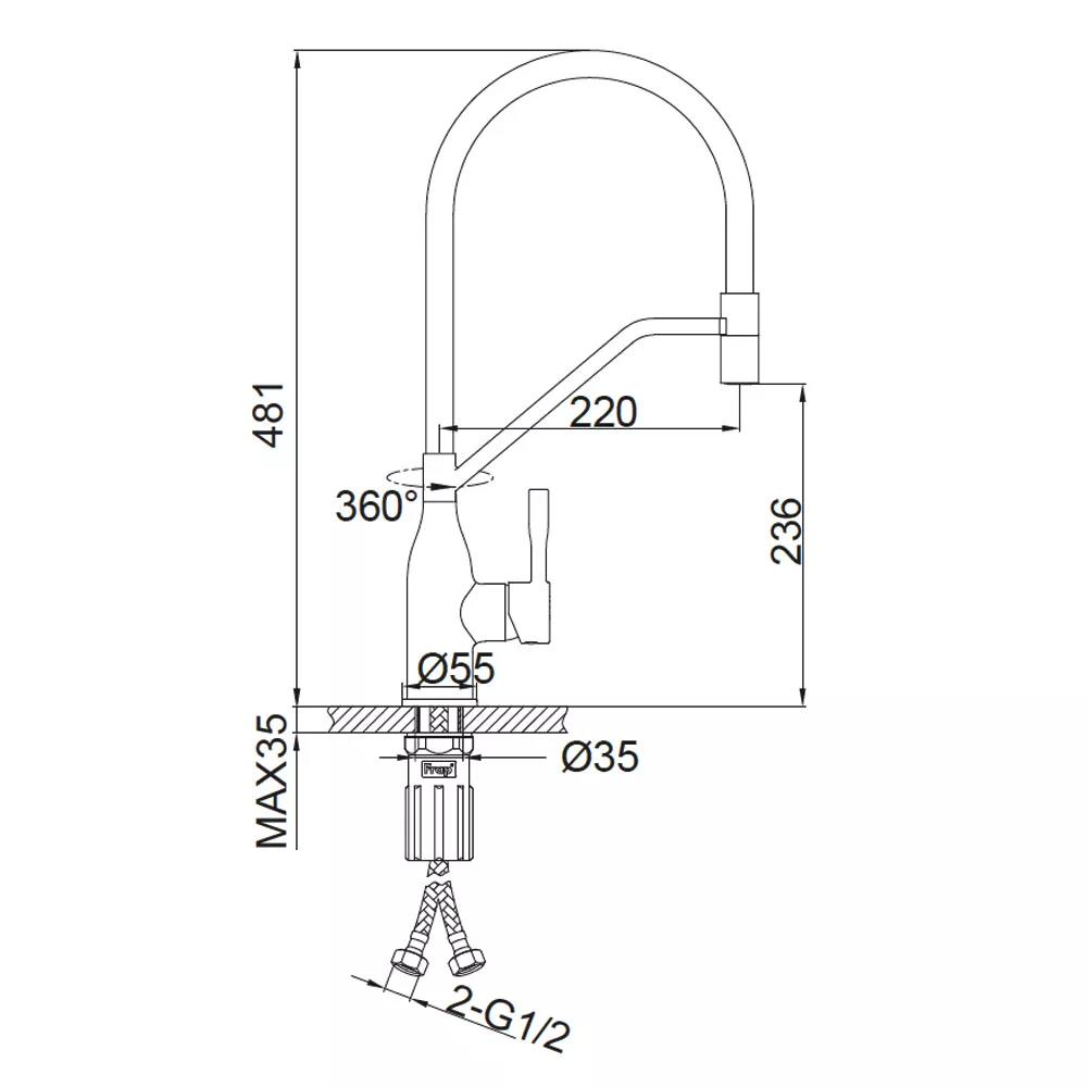 ухня одноваж. силікон. вилив лат. корп. гайка карт.90° Ø35 (сатин золотой) - Фото - 5