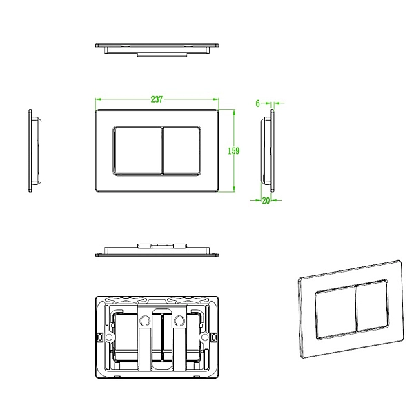 Панель змиву Koer KT-0612-12 240x160x10mm з нержавіючої сталі, кнопка квадр. (колір матове золото) (KR6121) - Фото - 2