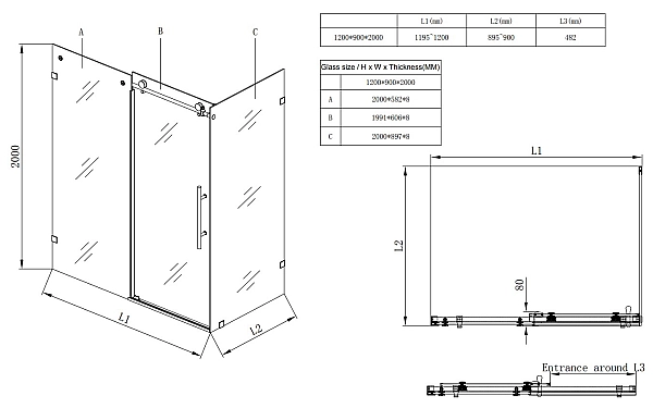 Душова кабіна без піддону Koer SR SC07-120x90x200-TR-01 прозоре скло Easy Clean 8мм, хром (KR5370) - Фото - 8