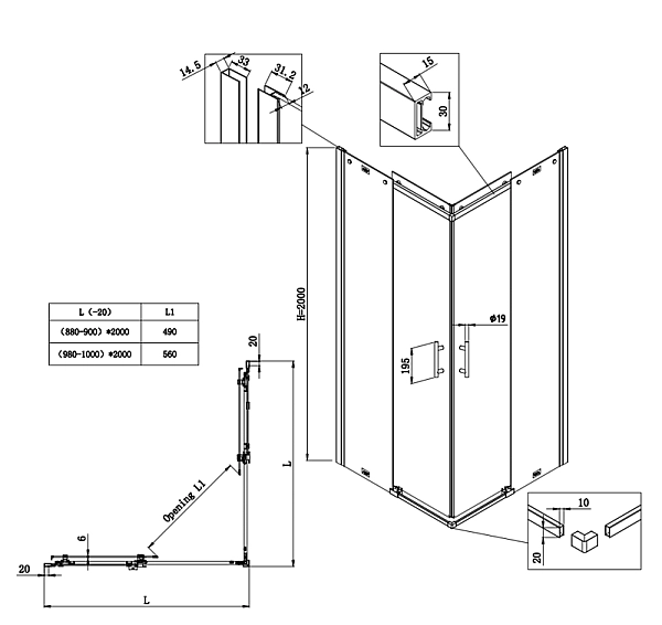 Душова кабіна без піддону Koer SR SC03-100x100x200-TR-01 прозоре скло Easy Clean 6мм, хром (KR5357) - Фото - 6