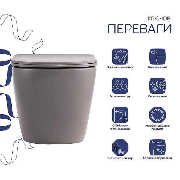 Унітаз підвісний Robin Ultra Quiet 490×365×325 мм, Stone Grey, з сидінням Slim Duroplast / Soft-close / Quick Release QT13332381АSSG Qtap - Фото - 3