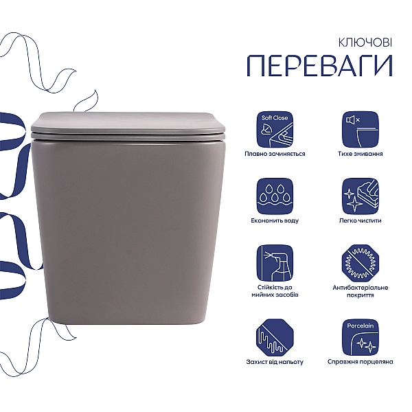 Унітаз підвісний Qtap Tern Ultra Quiet 520×345×325 мм, Stone grey, з сидінням Slim Duroplast / Soft-close / Quick Release QTTER26SG49000 - Фото - 3