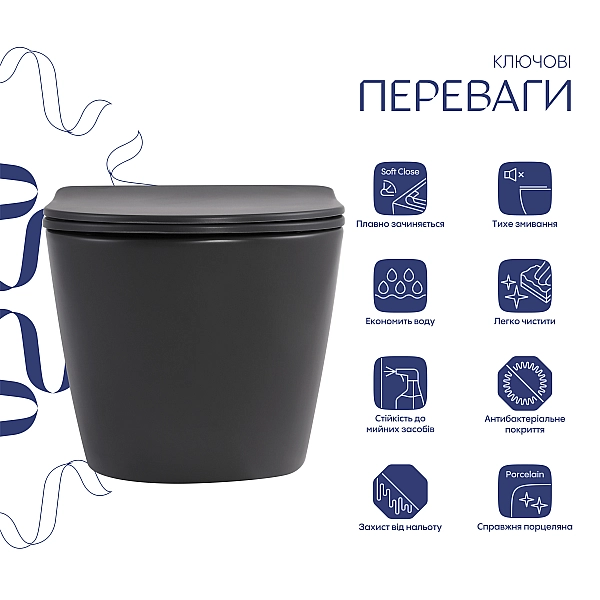 Унітаз підвісний Qtap Robin Ultra Quiet 520×365×340 мм, Anthracite, з сидінням Slim Duroplast / Soft-close / Quick Release QTROB26AN48995 - Фото - 3