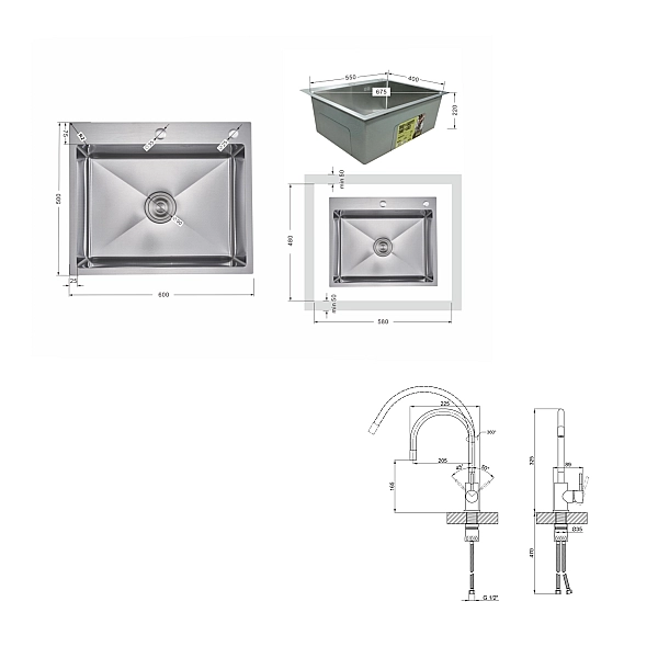 Акційний набір Lidz: мийка H6050H інтегрована Decor Honeycomb 2,5/0,5 мм LDH6050DEC48370 + Змішувач Aria для кухні з гнучким виливом (k35) Grey - Фото - 2