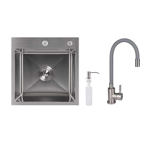 Акционный набор Lidz: мойка H4545 Decor 2,5/0,5 мм + Смеситель Aria для кухни с гибким изливом (k35) Grey
