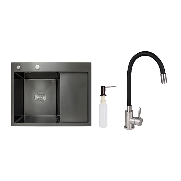 Акционный набор Lidz: мойка H6350BR интегрированная крыло справа Brushed Black PVD 3,0/1,0 мм + Смеситель Aria для кухни с гибким изливом (k35) Black