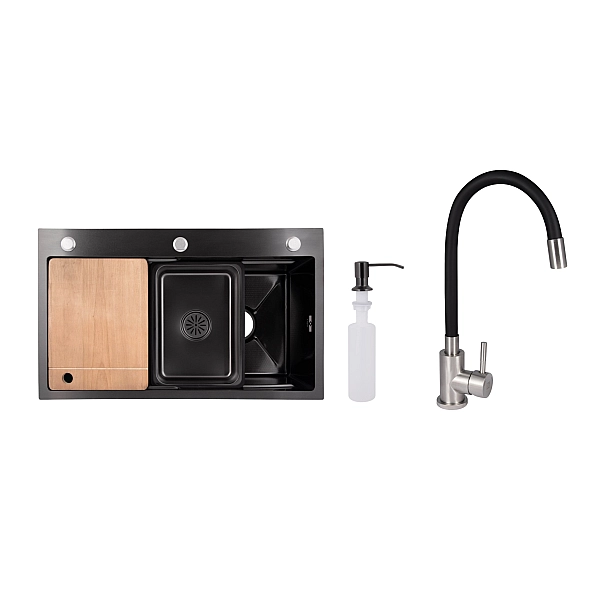 Акційний набір Lidz: мийка інтегрована Decor Black PVD Honeycomb 3,0/1,0 мм + Змішувач Aria для кухні з гнучким виливом (k35) Black