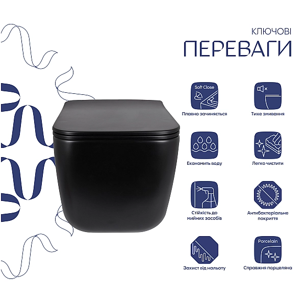Унітаз підвісний Qtap Gemini Ultra Quiet 485×340×350 мм, Matt Black, з сидінням Slim Duroplast / Soft-close / Quick Release QTGEM28BLM50505 - Фото - 3