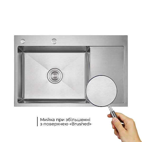 Мойка для кухни интегрированная Lidz Handmade Max 500 H7849R Brushed Steel, 3,0/1,0 мм, крыло справа, увеличенная чаша LDH7849RBRU49464 - Фото - 3