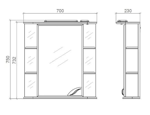 Шафа з дзеркалом з поличками і підсвіткою 70см Ліва - Фото - 2