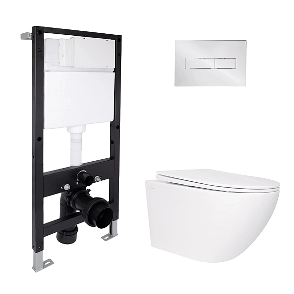 Готовое решение Qtap для ванной комнаты: подвесной унитаз Jay Rimless 520x360x320 + комплект инсталляции Standard (линейная кнопка Chrome)