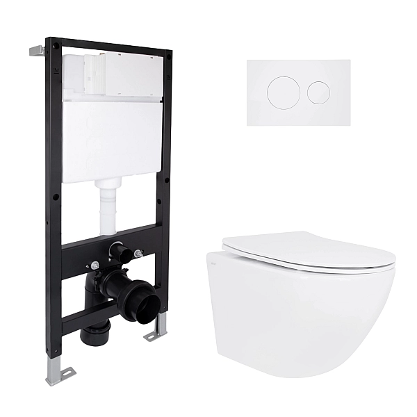Готовое решение Qtap для ванной комнаты: подвесной унитаз Jay Ultra Quiet 520x360x320 + комплект инсталляции Standard (круглая кнопка White)