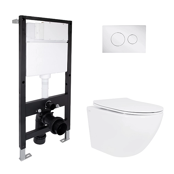 Готове рішення Qtap для ванної кімнати: підвісний унітаз Jay Rimless 485x360x320 + комплект інсталяції Standard (кругла клавіша Chrome)