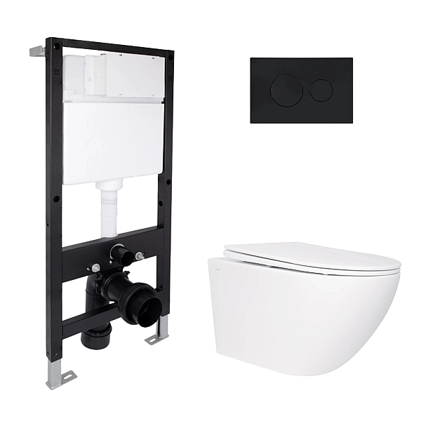 Готове рішення Qtap для ванної кімнати: підвісний унітаз Jay Rimless 520x360x320 + комплект інсталяції Standard (кругла клавіша Black)