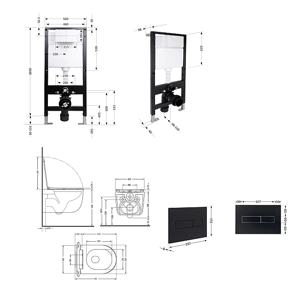 Готовое решение Qtap для ванной комнаты: подвесной унитаз Taurus Ultra Quiet 515x360x350 + комплект инсталляции Standard (линейная кнопка Black) - Фото - 2