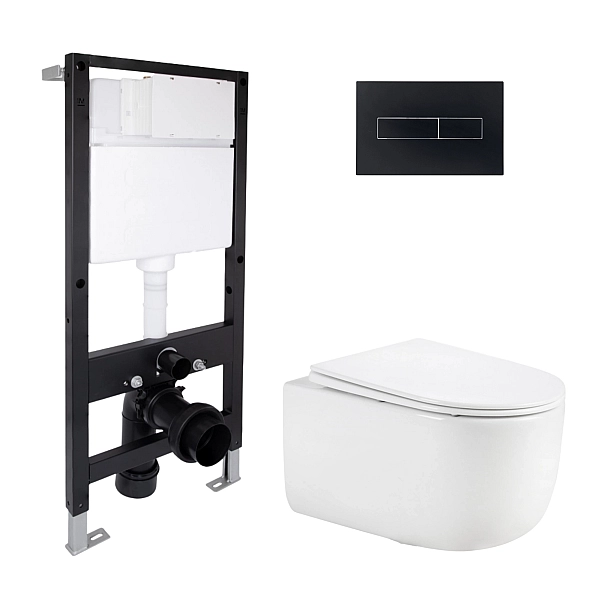 Готовое решение Qtap для ванной комнаты: подвесной унитаз Taurus Ultra Quiet 515x360x350 + комплект инсталляции Standard (линейная кнопка Black)
