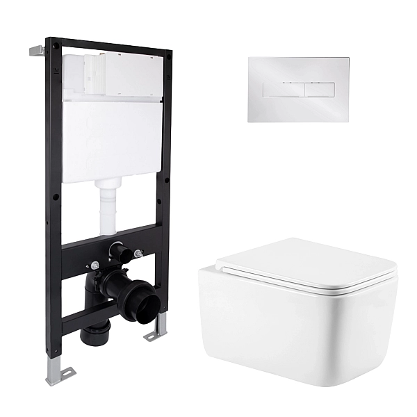 Готовое решение Qtap для ванной комнаты: подвесной унитаз Gemini Ultra Quiet 520x360x350 + комплект инсталляции Standard (линейная кнопка Chrome)