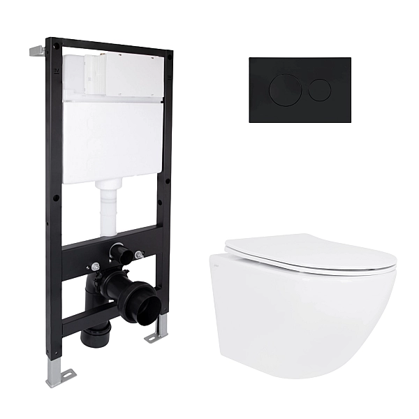 Готовое решение Qtap для ванной комнаты: подвесной унитаз Jay Ultra Quiet 485x360x320 + комплект инсталляции Standard (круглая кнопка Black)