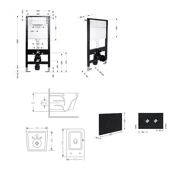 Готовое решение Qtap для ванной комнаты: подвесной унитаз Crow Rimless 485x340x330 + комплект инсталляции Standard (круглая кнопка Black) - Фото - 2