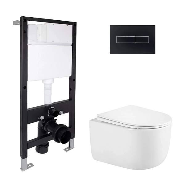 Готовое решение Qtap для ванной комнаты: подвесной унитаз Taurus Ultra Quiet 485x360x350 + комплект инсталляции Standard (линейная кнопка Black)