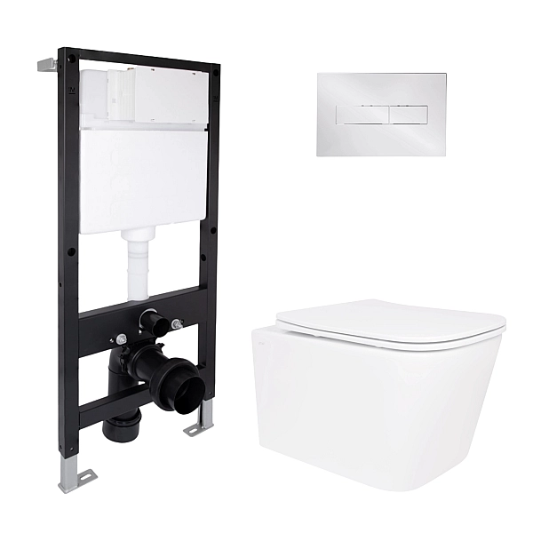 Готовое решение Qtap для ванной комнаты: подвесной унитаз Crow Ultra Quiet 485x340x290 + комплект инсталляции Standard (линейная кнопка Chrome)
