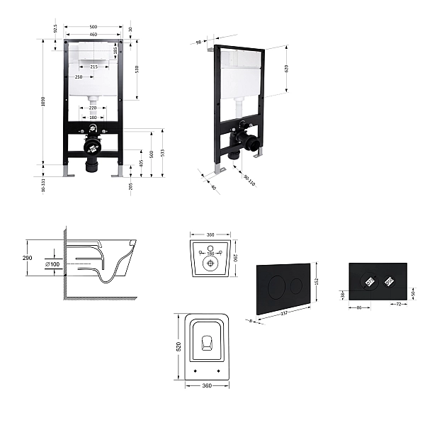 Готовое решение Qtap для ванной комнаты: подвесной унитаз Crow Ultra Quiet 520x360x290 + комплект инсталляции Standard (круглая кнопка Black) - Фото - 2