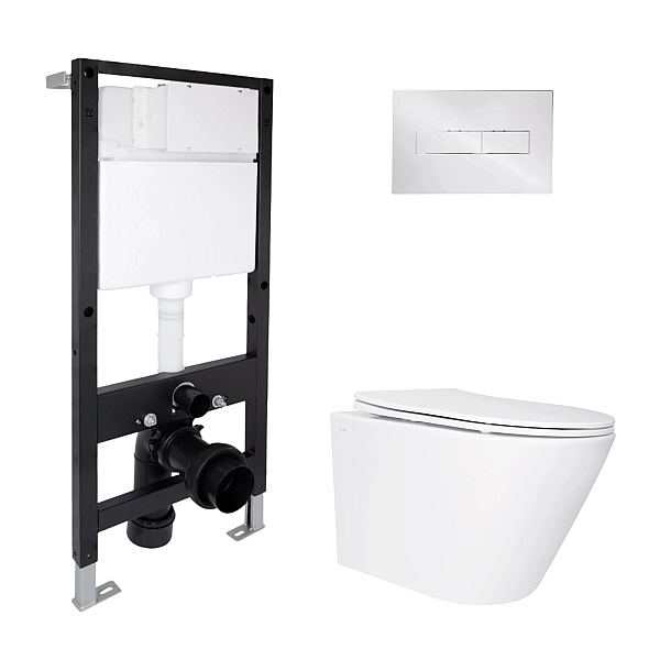 Готовое решение Qtap для ванной комнаты: подвесной унитаз Swan Ultra Quiet 485x360x320 + комплект инсталляции Standard (линейная кнопка Chrome)