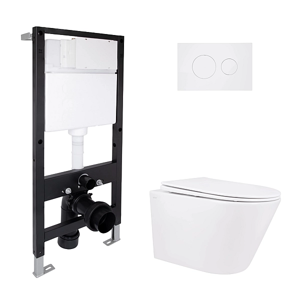 Готове рішення Qtap для ванної кімнати: підвісний унітаз Swan Rimless 520x360x320 + комплект інсталяції Standard (кругла клавіша White)