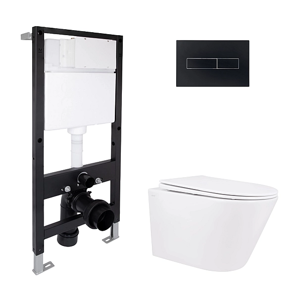 Готове рішення Qtap для ванної кімнати: підвісний унітаз Swan Rimless 520x360x320 + комплект інсталяції Standard (лінійна клавіша Black)