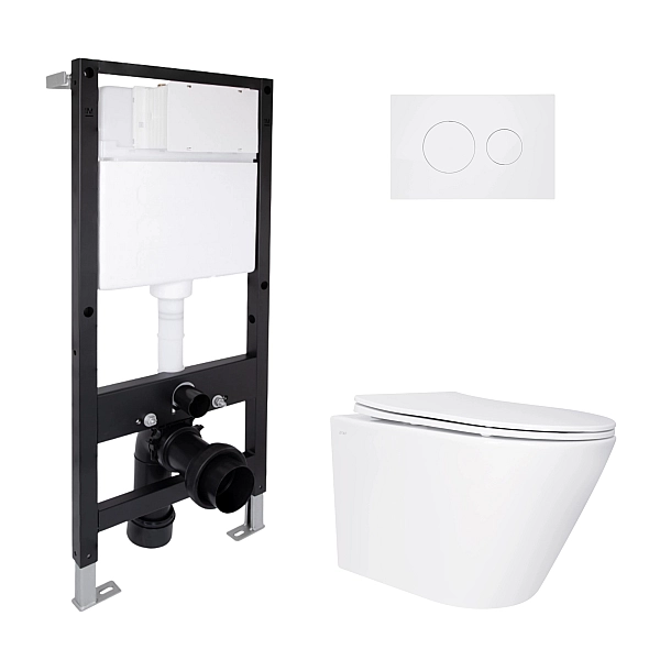 Готовое решение Qtap для ванной комнаты: подвесной унитаз Swan Ultra Quiet 520x360x320 + комплект инсталляции Standard (круглая кнопка White)