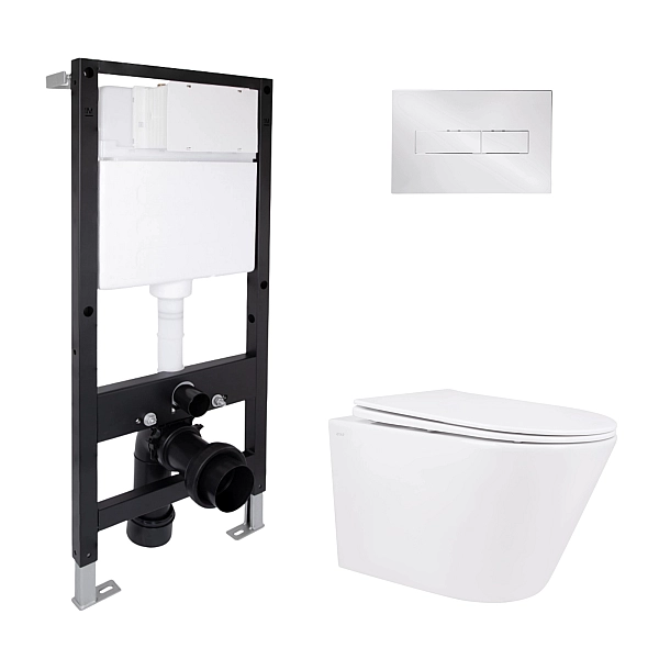 Готове рішення Qtap для ванної кімнати: підвісний унітаз Swan Rimless 520x360x320 + комплект інсталяції Standard (лінійна клавіша Chrome)