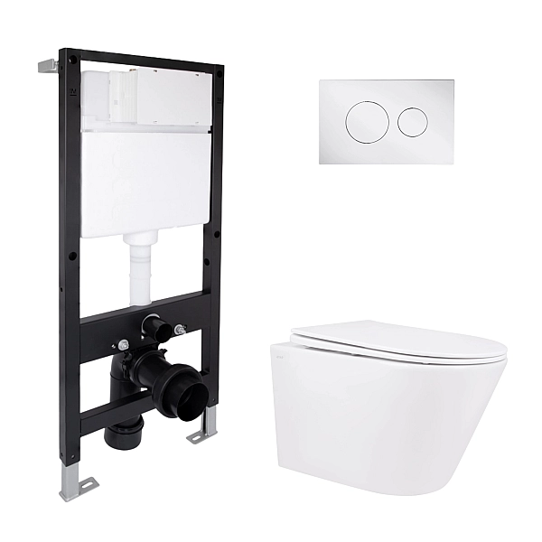 Готове рішення Qtap для ванної кімнати: підвісний унітаз Swan Rimless 520x360x320 + комплект інсталяції Standard (кругла клавіша Chrome)