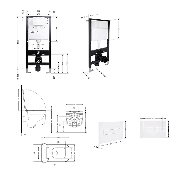 Готовое решение Qtap для ванной комнаты: подвесной унитаз Gemini Ultra Quiet 520x360x350 + комплект инсталляции Standard (линейная кнопка White) - Фото - 2